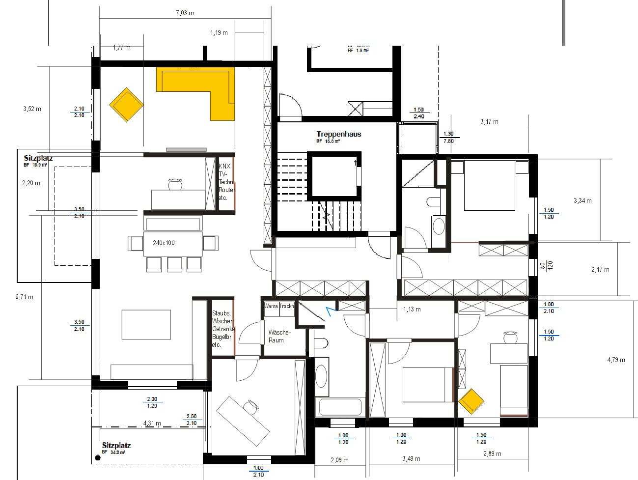 Detailed floor plan of a house with living room, kitchen, stairwell, and other rooms.