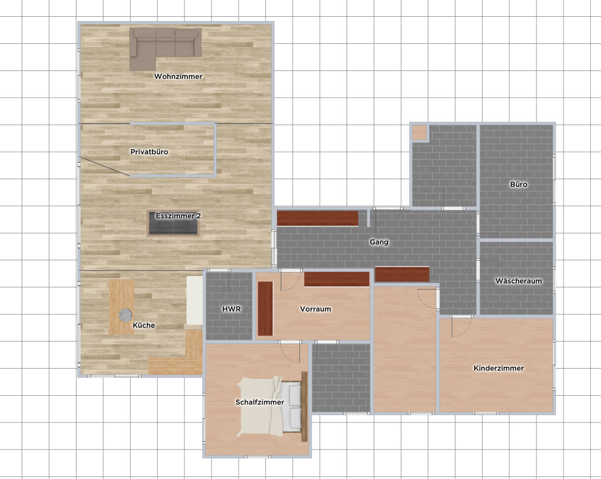 Detaillierter Grundriss eines Hauses mit Küche, Wohnzimmer, Schlafzimmern und weiteren Räumen.