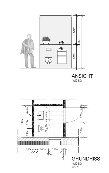 WC EG: Grundriss und Seitenansicht; Toilette, Waschbecken und Möbel