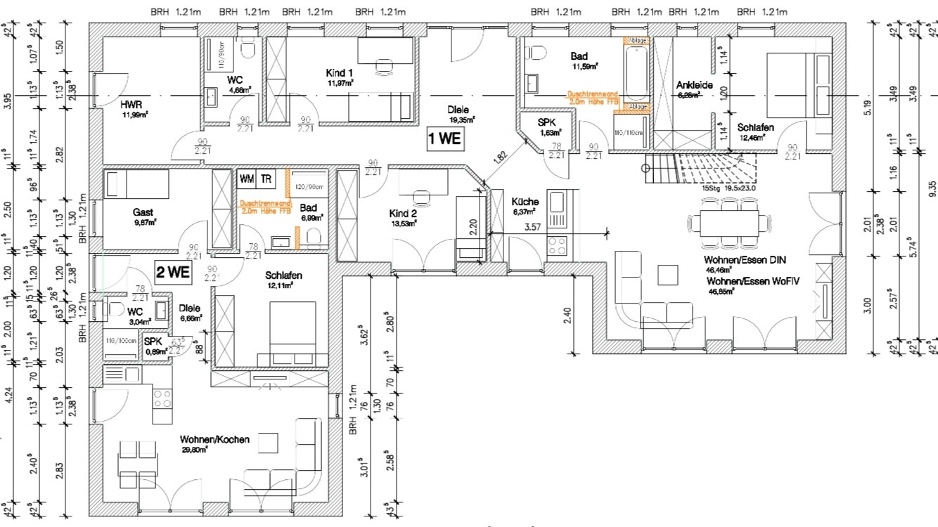 Floor plan of a multi-family house with two living units: kitchen, living room, bedroom, bathroom, WC.