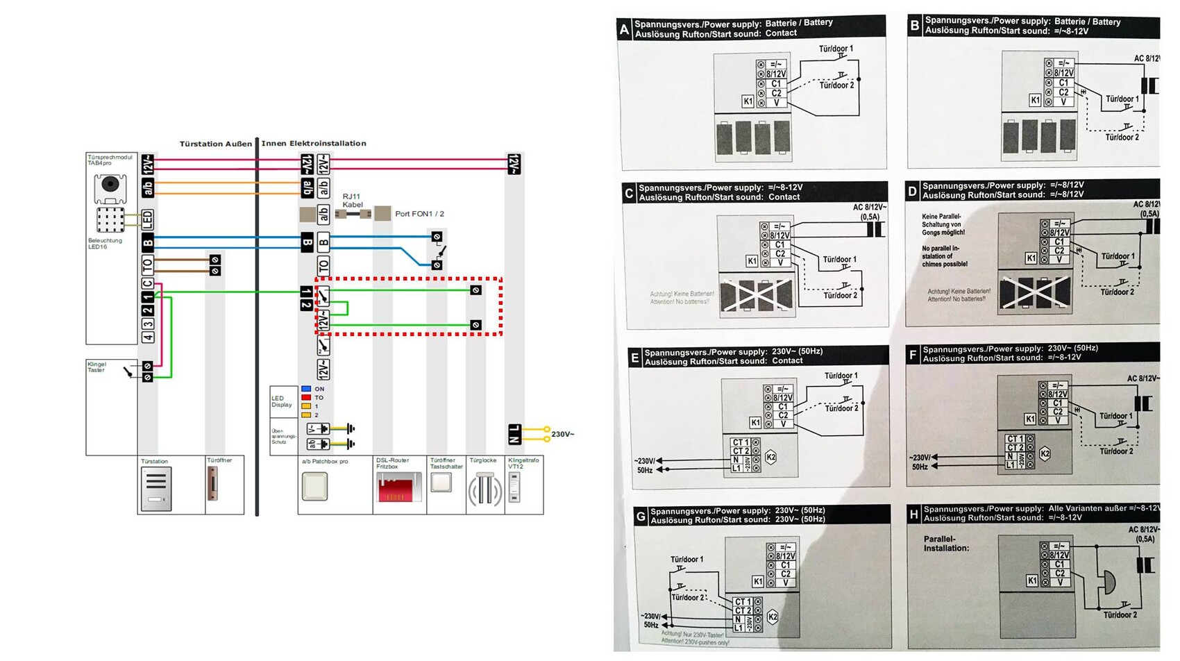 Schematic electrical installation of an intercom system with cables, LEDs, and patchbox.