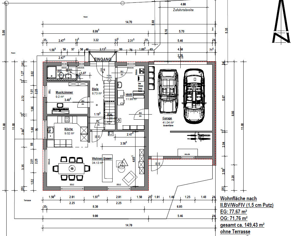 Architekten-Grundriss eines Einfamilienhauses mit Garage, Wohn- und Kochbereich.