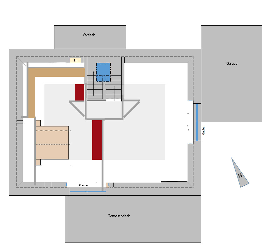 2D-Dachplan mit Vordach, Terrassendach und Garage, Grundrissdarstellung