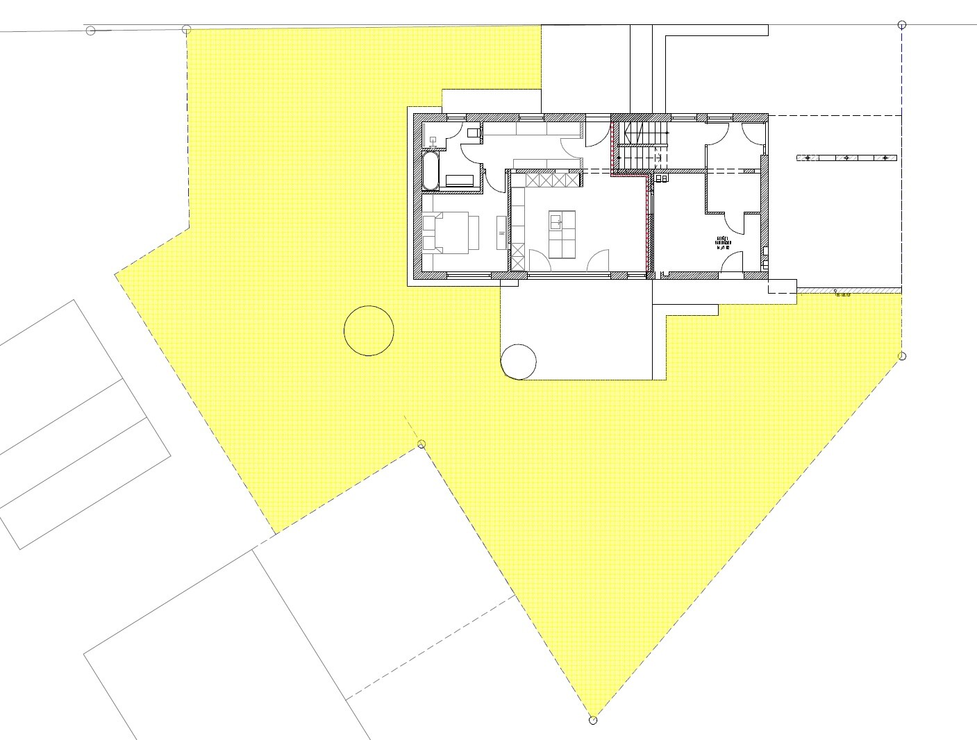 Grundstücksplan mit Hausgrundriss und umlaufendem Garten-Vorplatz