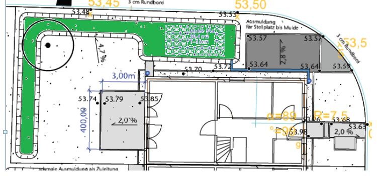 Site plan of a building plot with building structure, driveway, and garden layout