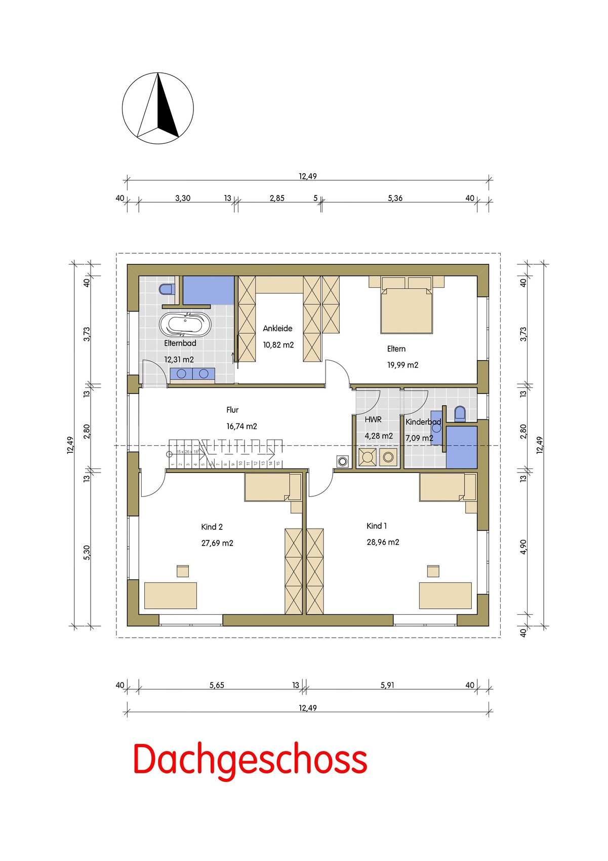 Upper floor plan: master and two children’s bedrooms, dressing room, bathroom, hallway.