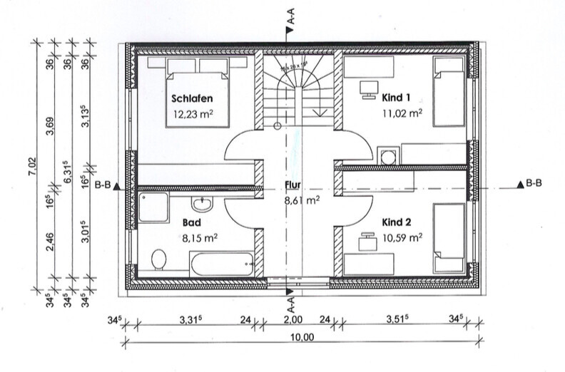 Grundriss eines Obergeschosses mit Flur, Schlafzimmer, Bad und zwei Kinderzimmern.