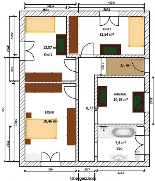 Floor plan of the upper floor with master and children’s bedrooms, home office, bathroom and hallway.