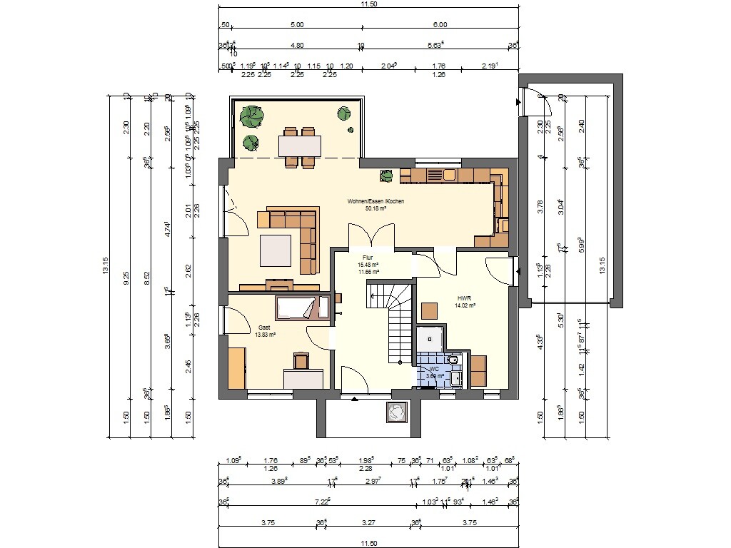 Floor plan of a house with open kitchen, living/dining area, guest room, hallway, utility room, and WC.