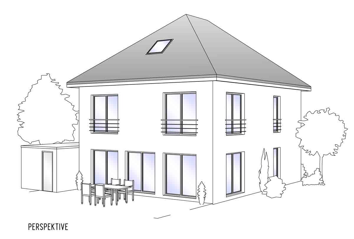 Perspective drawing of a two-story house with terrace, garden furniture, and trees.