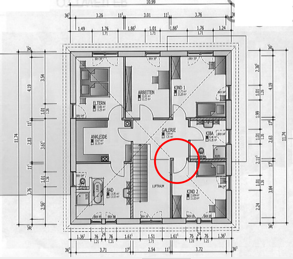 2D floor plan of a house with several rooms and a red circle around the door area