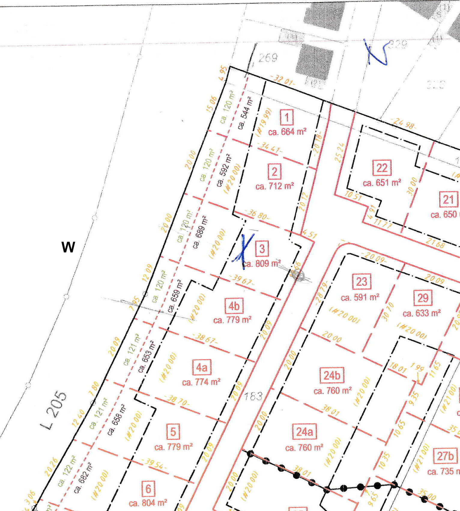 Top view of site plan with plots, numbers, and size details