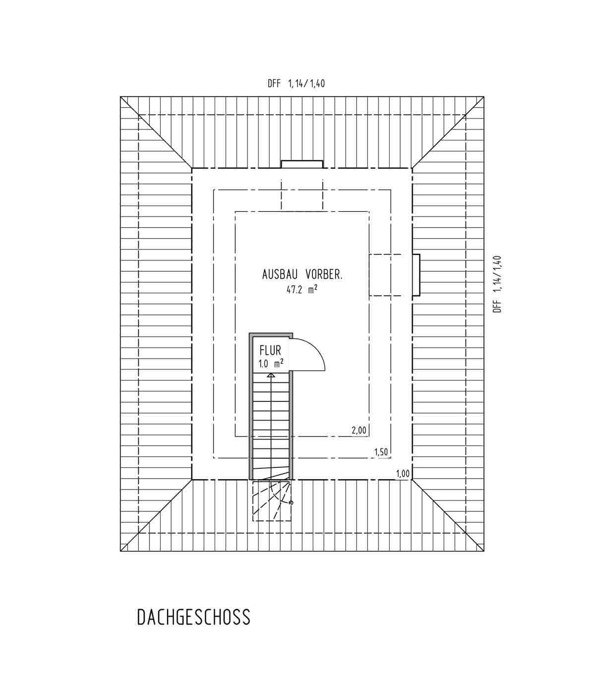 Attic floor plan: central staircase, hallway, and extension pre-area (47.2 m²).