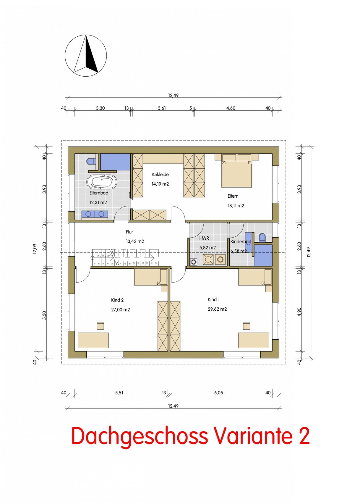 Attic floor plan variant 2: master bedroom with dressing room, master bath, corridor, utility room, two children’s rooms.