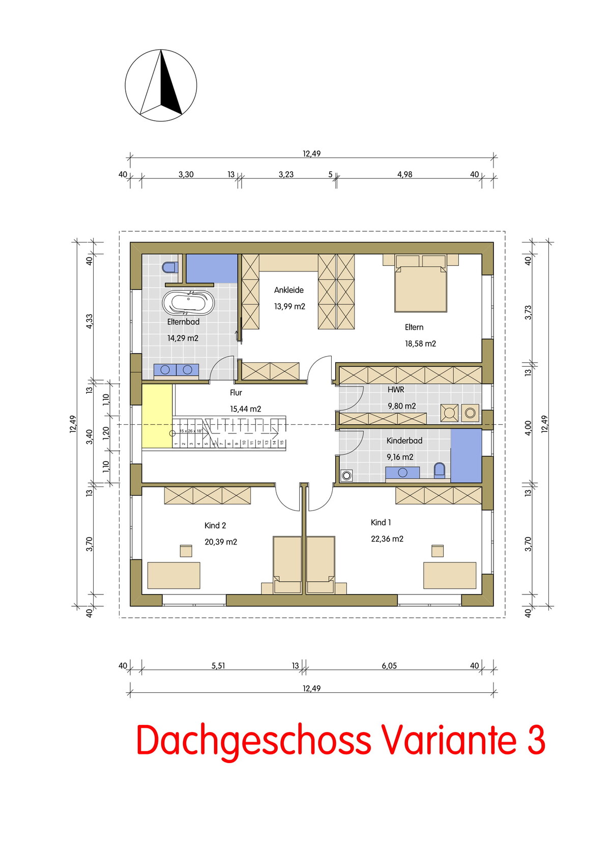 Attic floor plan variant 3: layout with master and children’s bedrooms, bathrooms, corridor.