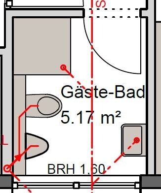 2D floor plan of a guest bathroom with sink, toilet, and shower