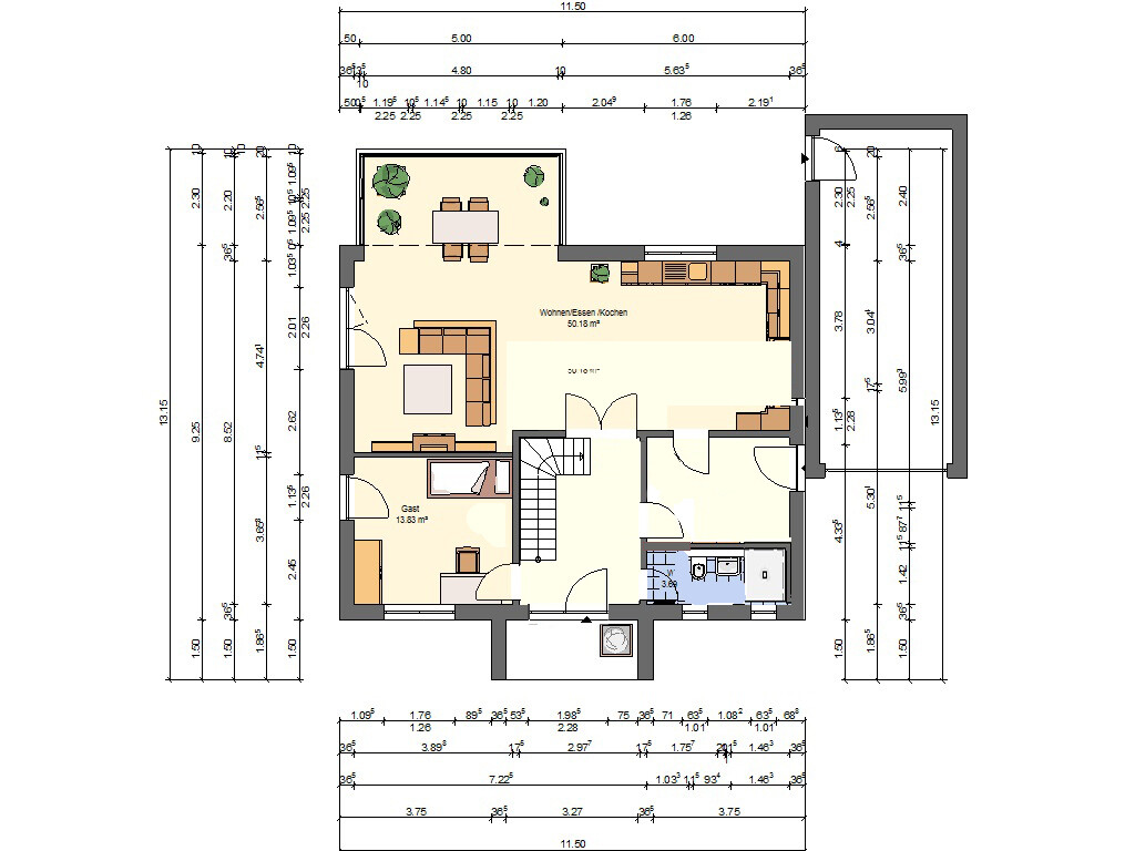 Floor plan of a house: Open living/dining/kitchen area, guest room, bathroom, staircase, terrace.