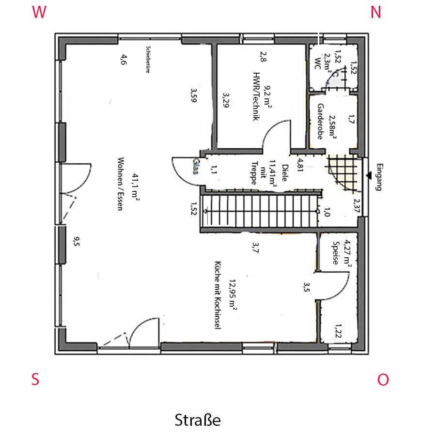 Floor plan of a house with kitchen, living/dining area, hallway, stairs, pantry, cloakroom, WC, entrance