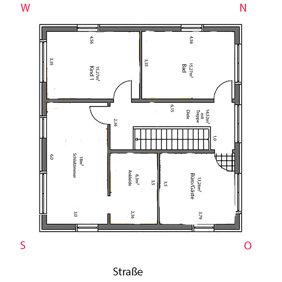 Floor plan of a house with bedroom, bathroom, children’s room, walk-in closet, office/guest, hallway and stairs.