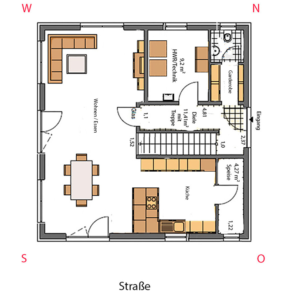 Floor plan: open living/dining area left, kitchen bottom right, hallway with stairs, utility/technical room, entrance
