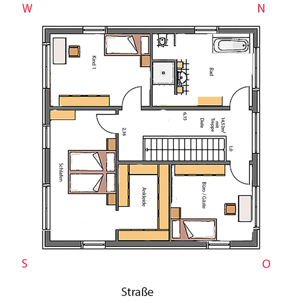 Floor plan of a house with bedroom, children’s room, walk-in closet, office/guest, bathroom, hallway and stairs.