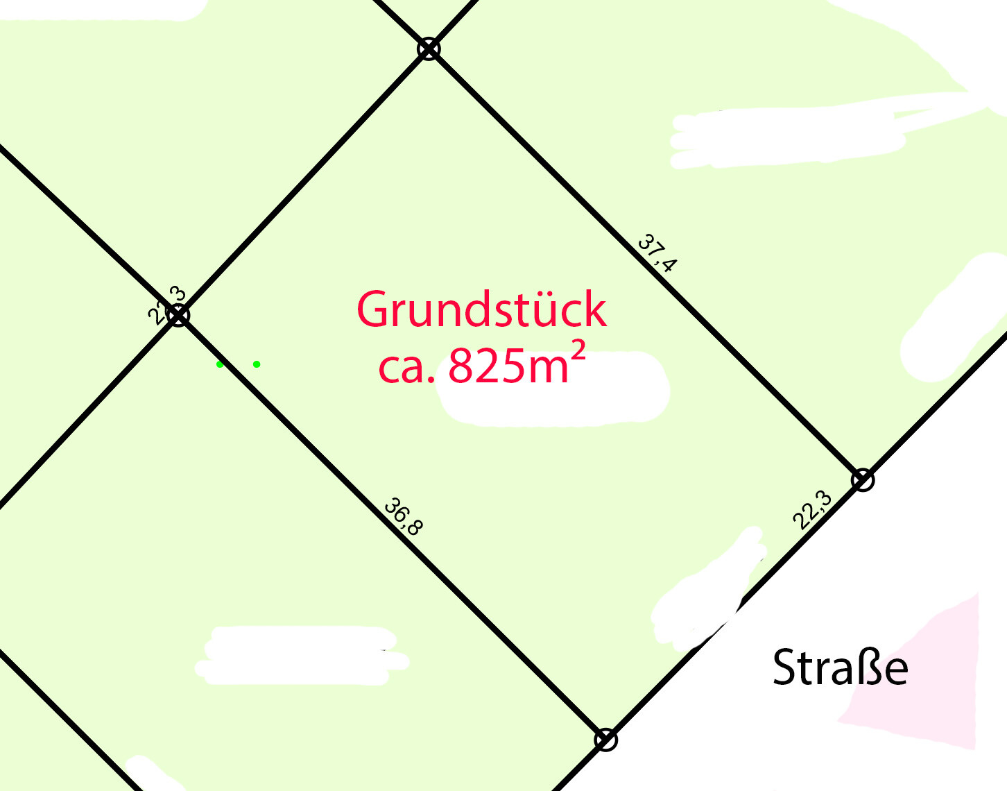 Site plan of a plot with parcels, measurements and street names