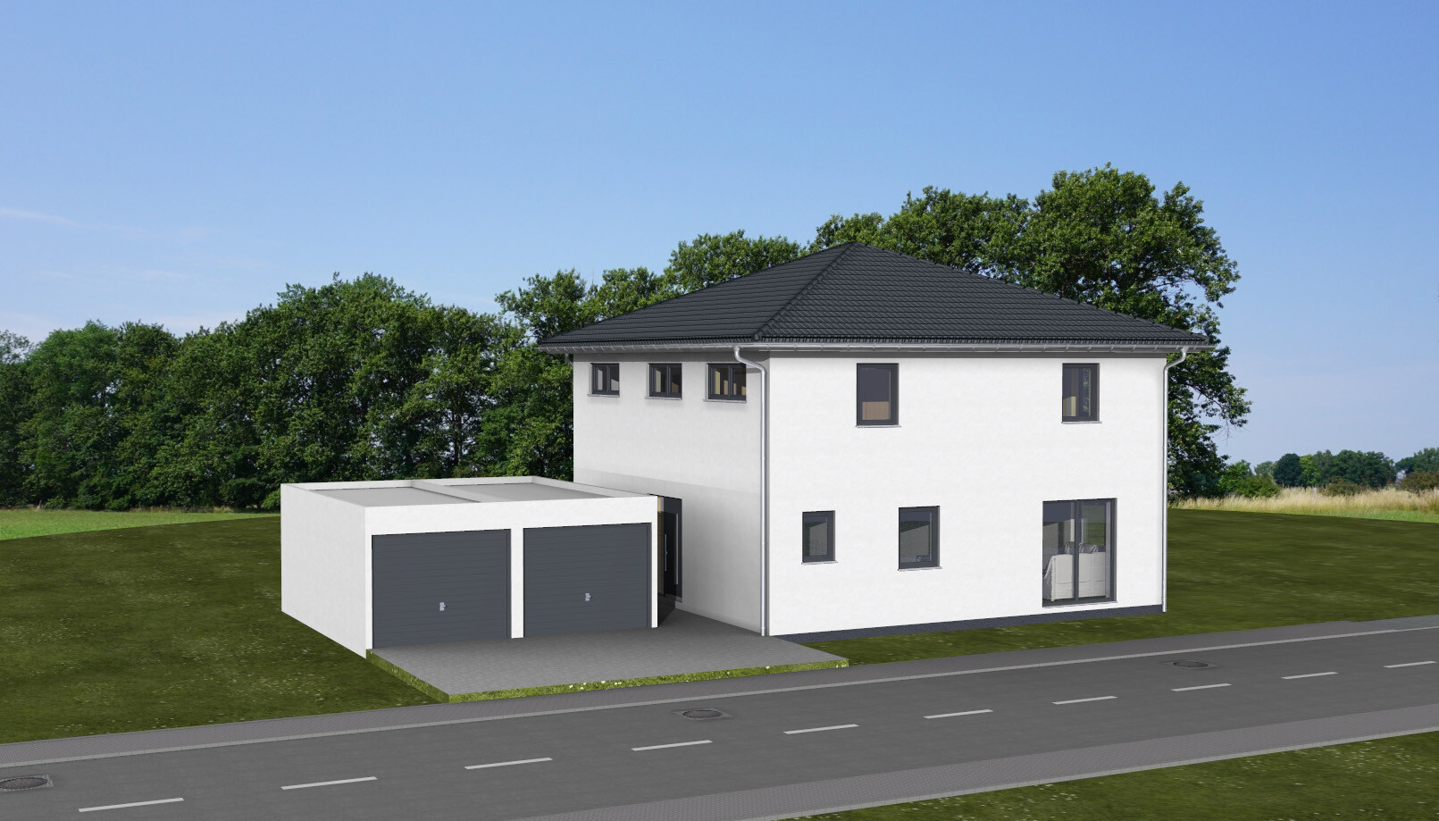 Modern white two-story house front with dark roof and double garage, in front of green area and street.
