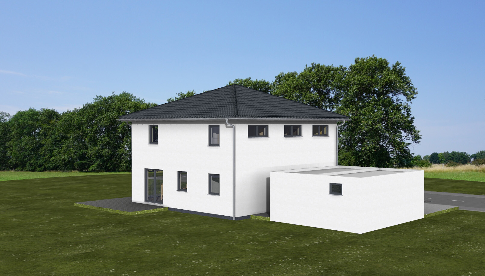 White two-story house with dark hip roof and rectangular extension in front of trees.
