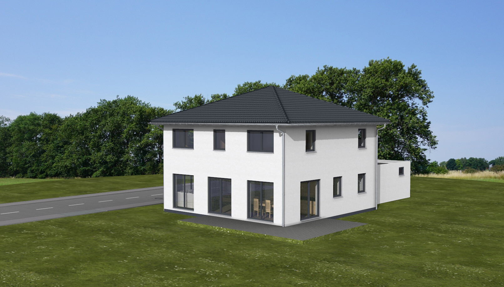 Modern white two-story house with dark roof and large glass windows.