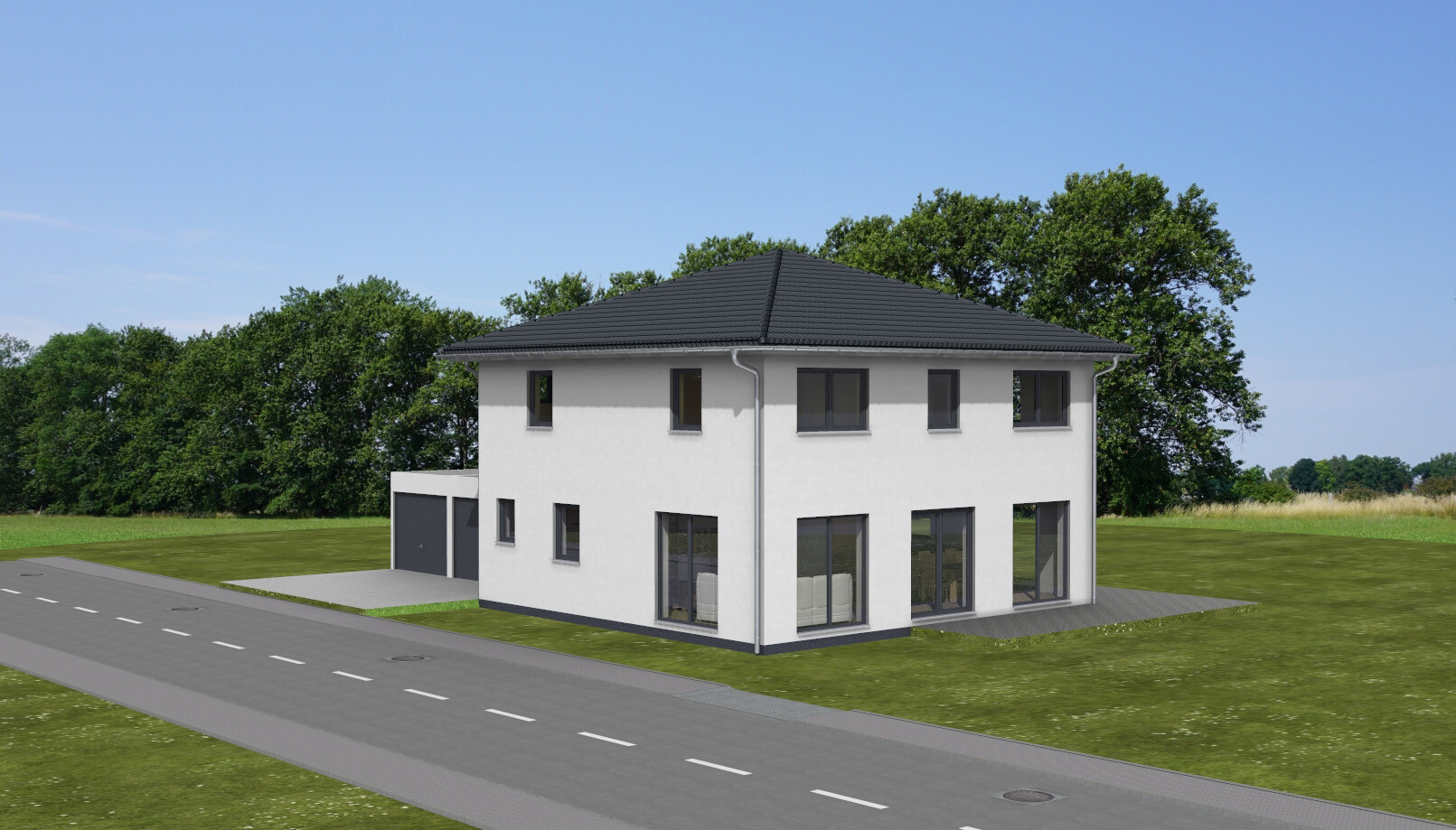 Two-story modern single-family house with dark gable roof, large windows and garage