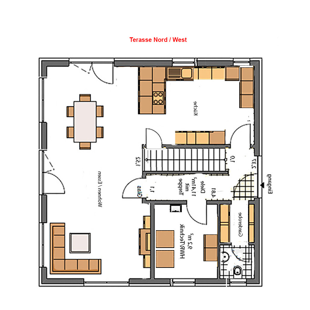 Grundriss eines Hauses mit Küche, Esszimmer, Wohnzimmer, Flur, Treppe und Terrasse Nord/West.