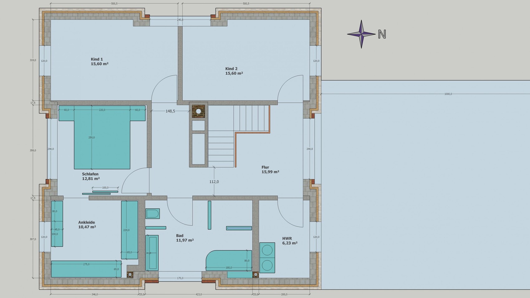 Ground plan of a house with bedroom, child 1, child 2, bathroom, dressing room, corridor, and staircase