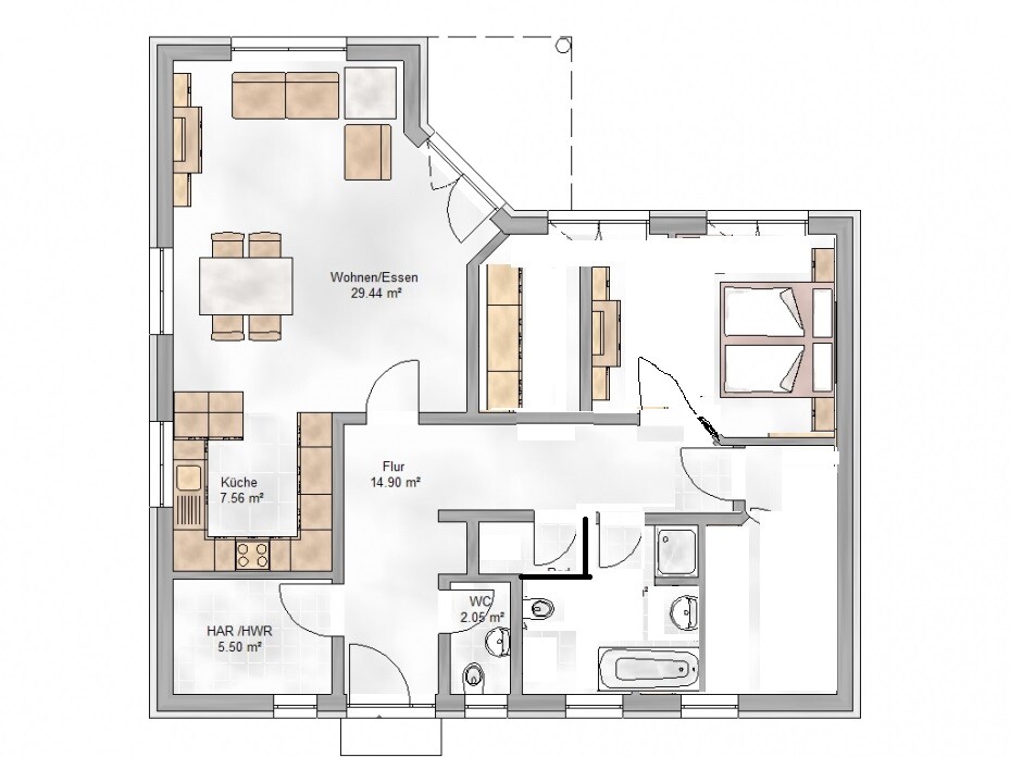 Grundriss einer Wohnung mit Wohnzimmer, Küche, Flur, Bad und Schlafzimmer