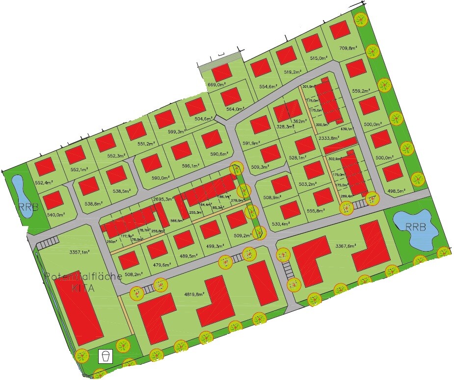 Site plan of a new development with parcels, roads, and buildings