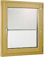 Wooden window with horizontal internal blinds.