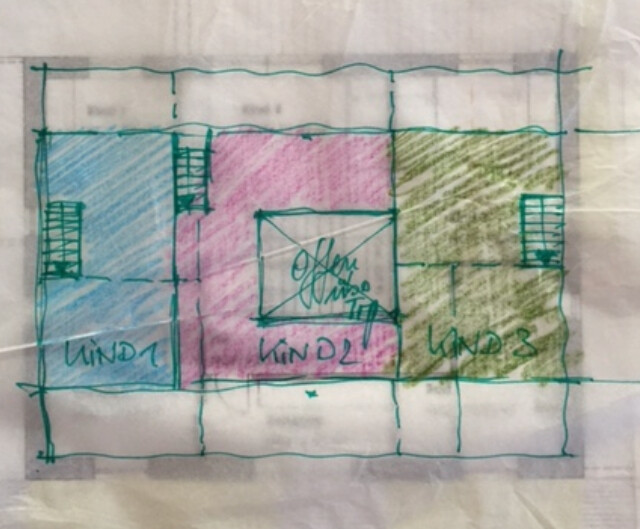 Hand-drawn floor plan of a house with several color-coded rooms.