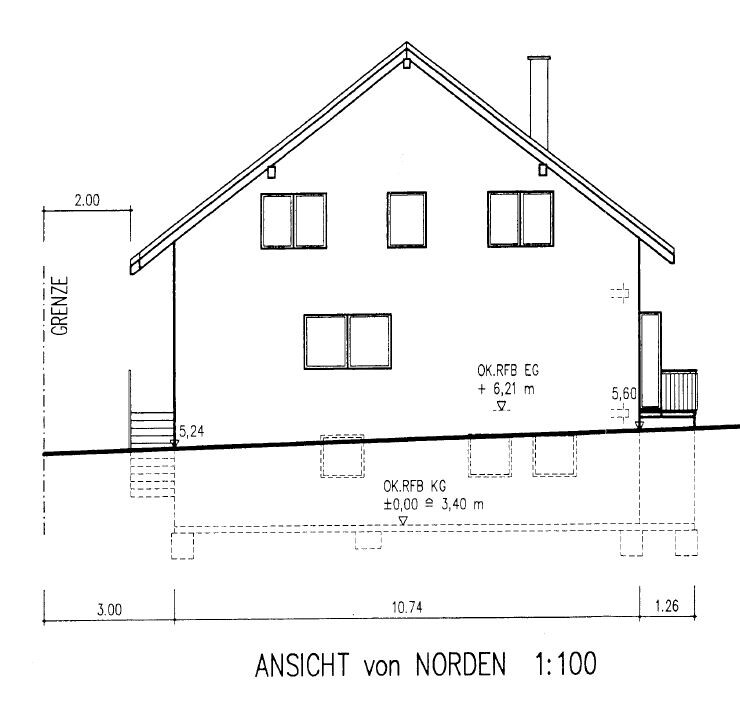 North view of a detached house as an architectural drawing with roof, windows, and entrance.