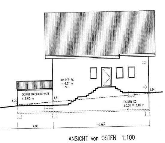 Exterior view of a house from the east with roof, stairway, and terrace