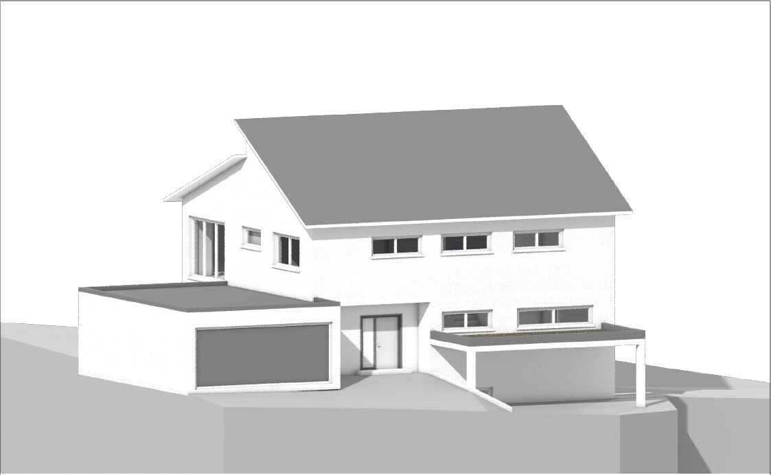Modern two-story house with gray pitched roof, white facade, garage, and carport.
