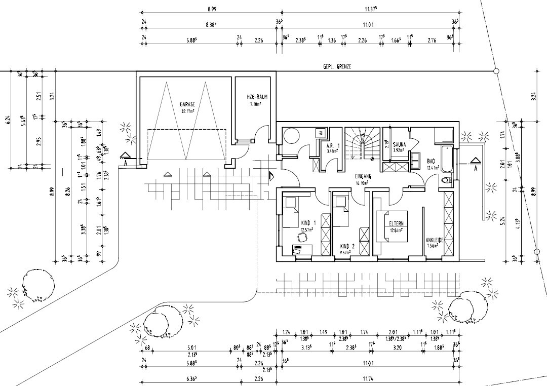 Floor plan of a house: garage, heating room, entrance, bathroom, sauna, master bedroom, dressing room, 2 children’s rooms