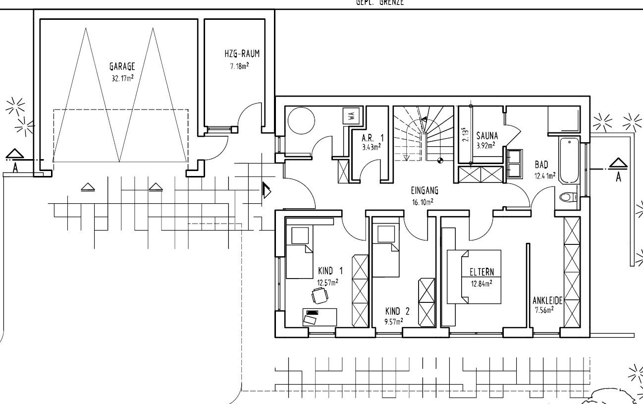 Floor plan of a house: garage, heating room, entrance area, stairs, bathroom, sauna, master and children’s rooms.