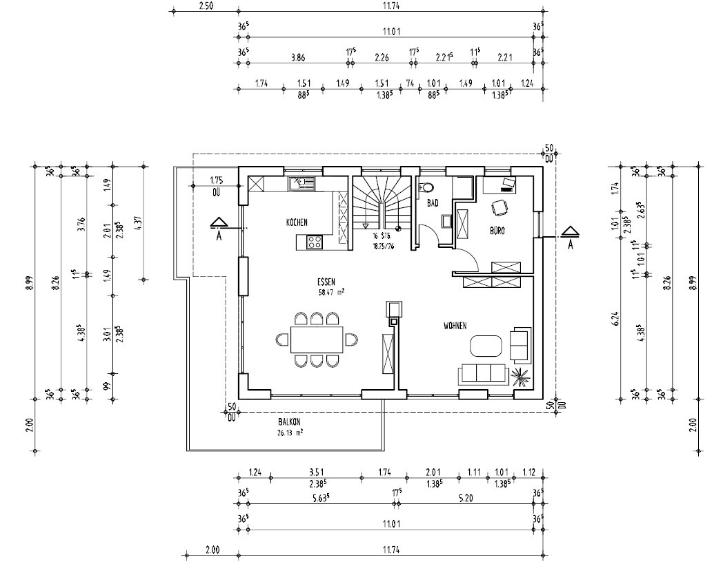 Floor plan of a house with kitchen, dining, living, bathroom, office, and balcony.