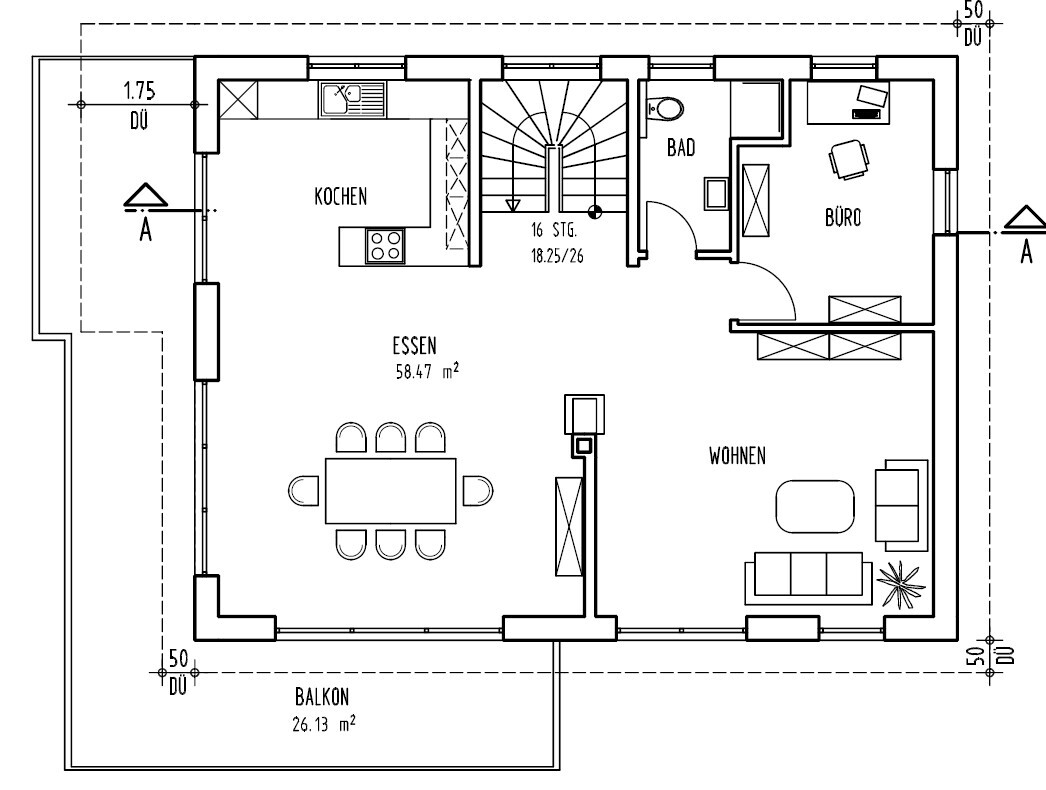 Floor plan of a residential house: kitchen, dining, living, office, bathroom, balcony.
