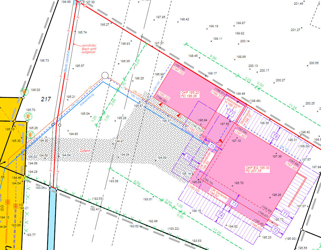 Site plan with plot boundaries, building footprint, and driveway