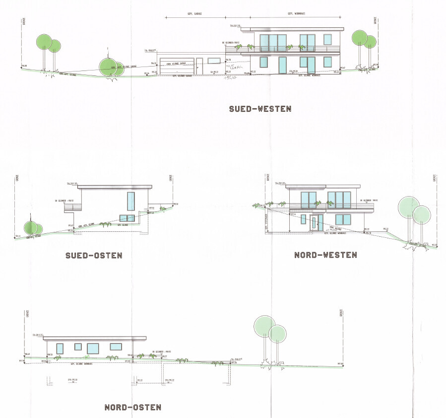 Sketches of a modern house with four facade views and surrounding landscape.