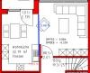 Floor plan of an apartment with living room, kitchen, and bedroom, red outline