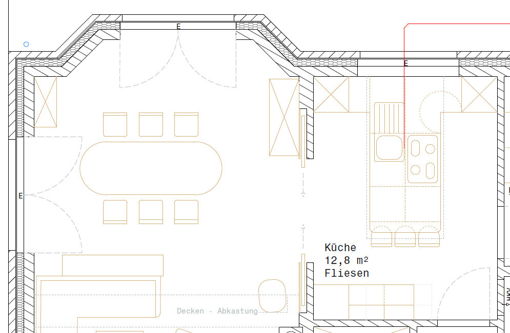 2D floor plan of a kitchen with dining table and open dining corner