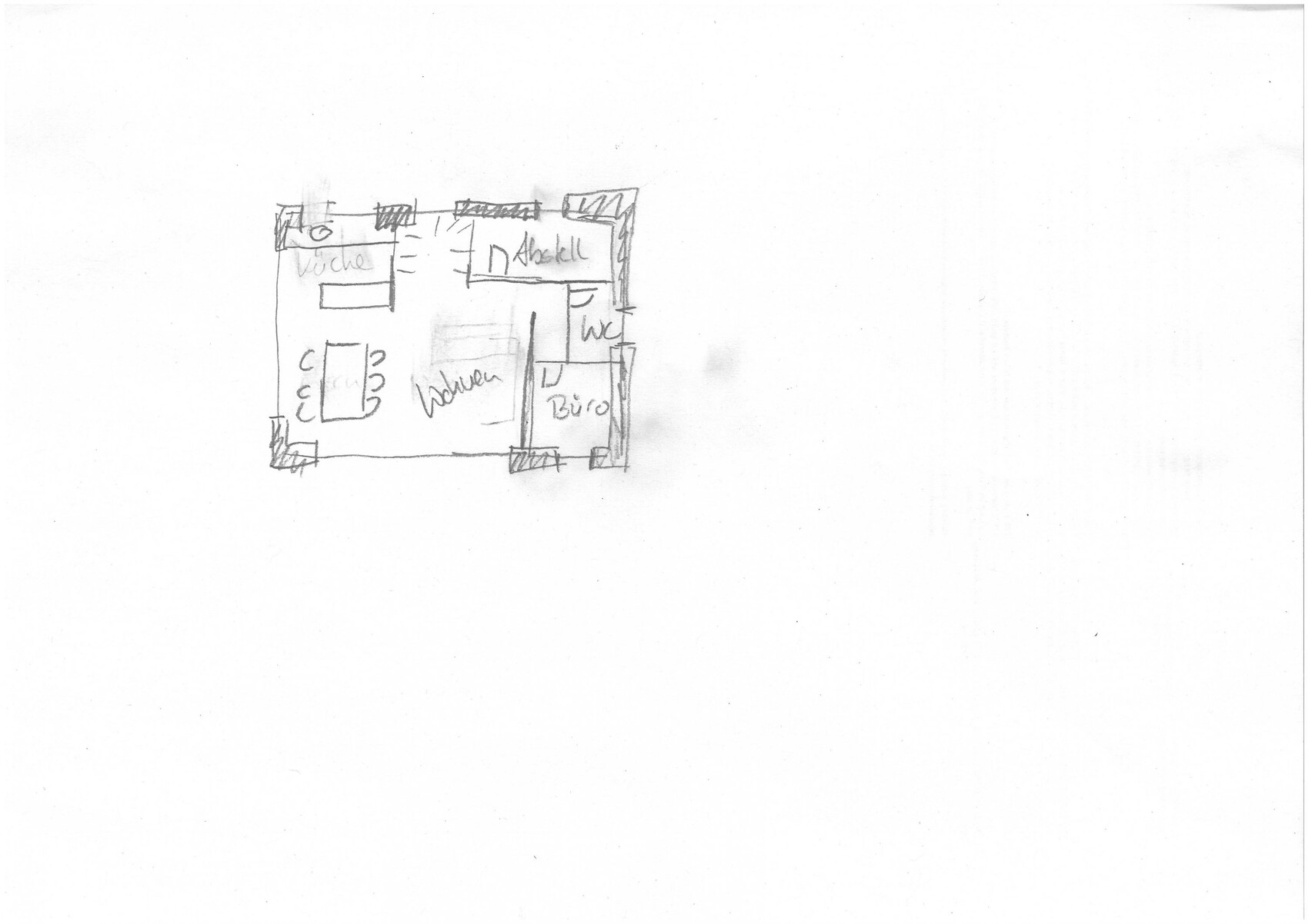 Hand-drawn floor plan sketch of a house with kitchen, living room, and office.