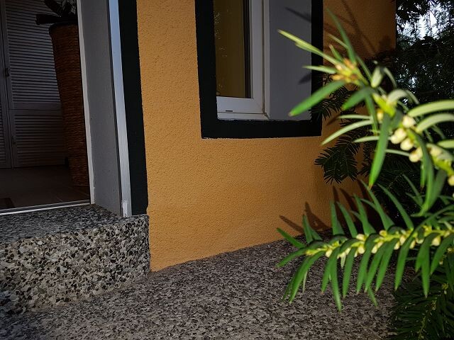 Außenansicht eines gelben Gebäudes mit Eingangstür, Stufen und Pflanze.