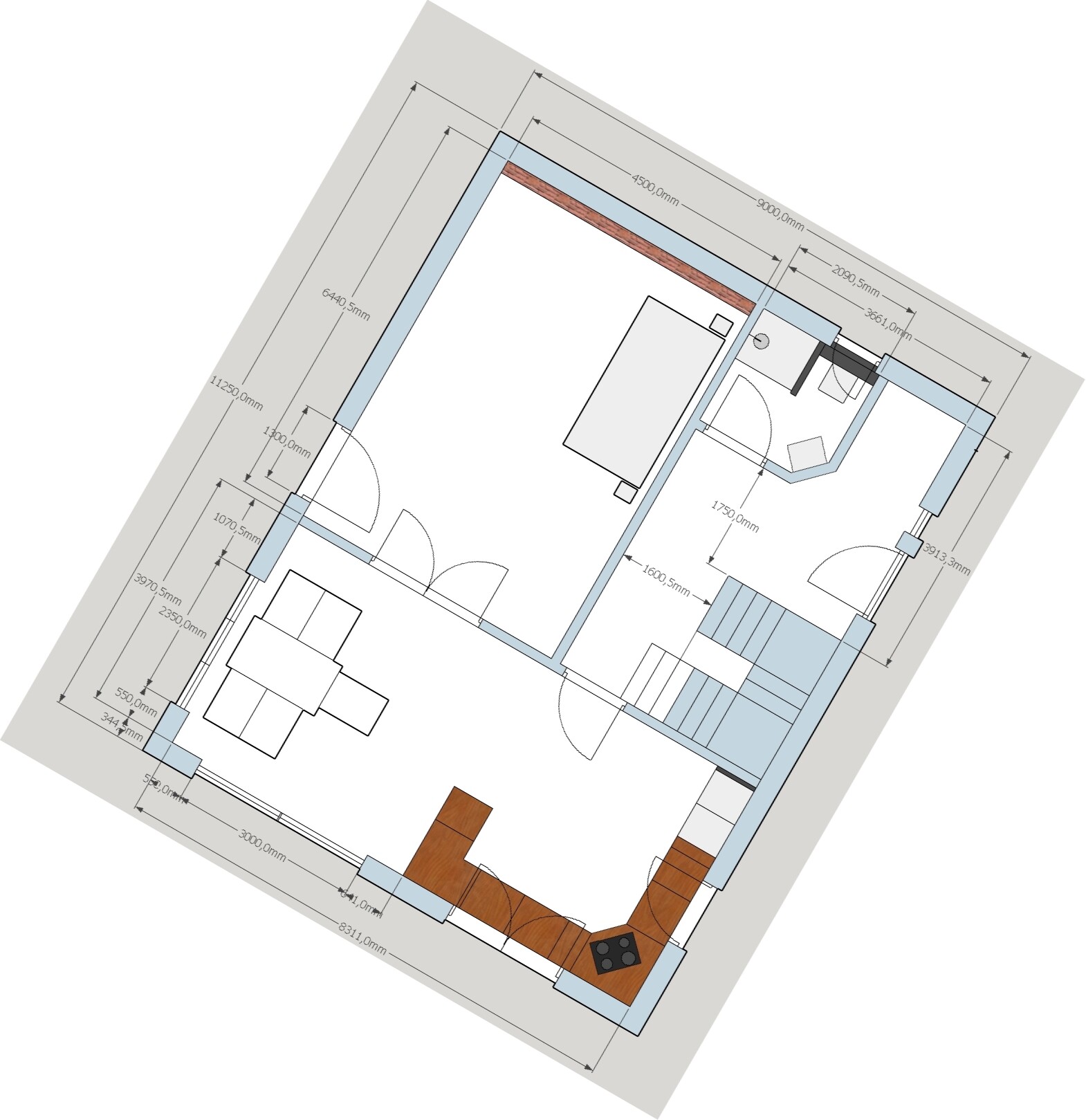 Architectural floor plan of a house: kitchen with L-shaped countertop, dining area, doors and stairs.
